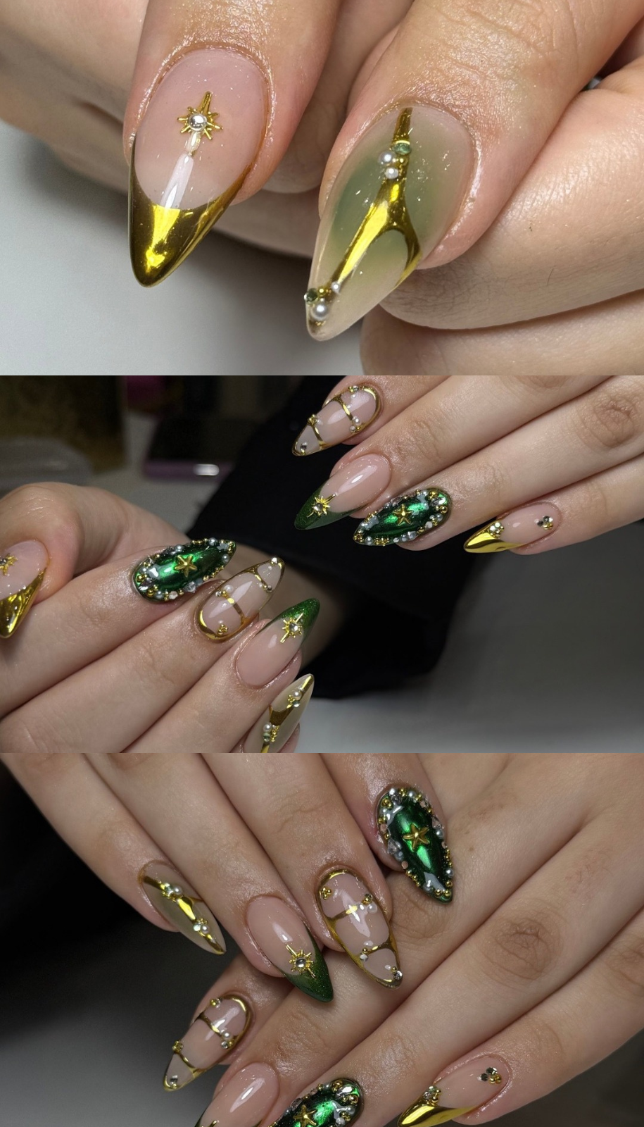 Riri Nails collage luxury nail service featuring green chrome and gold stiletto nail art design with pearls and star embellishments