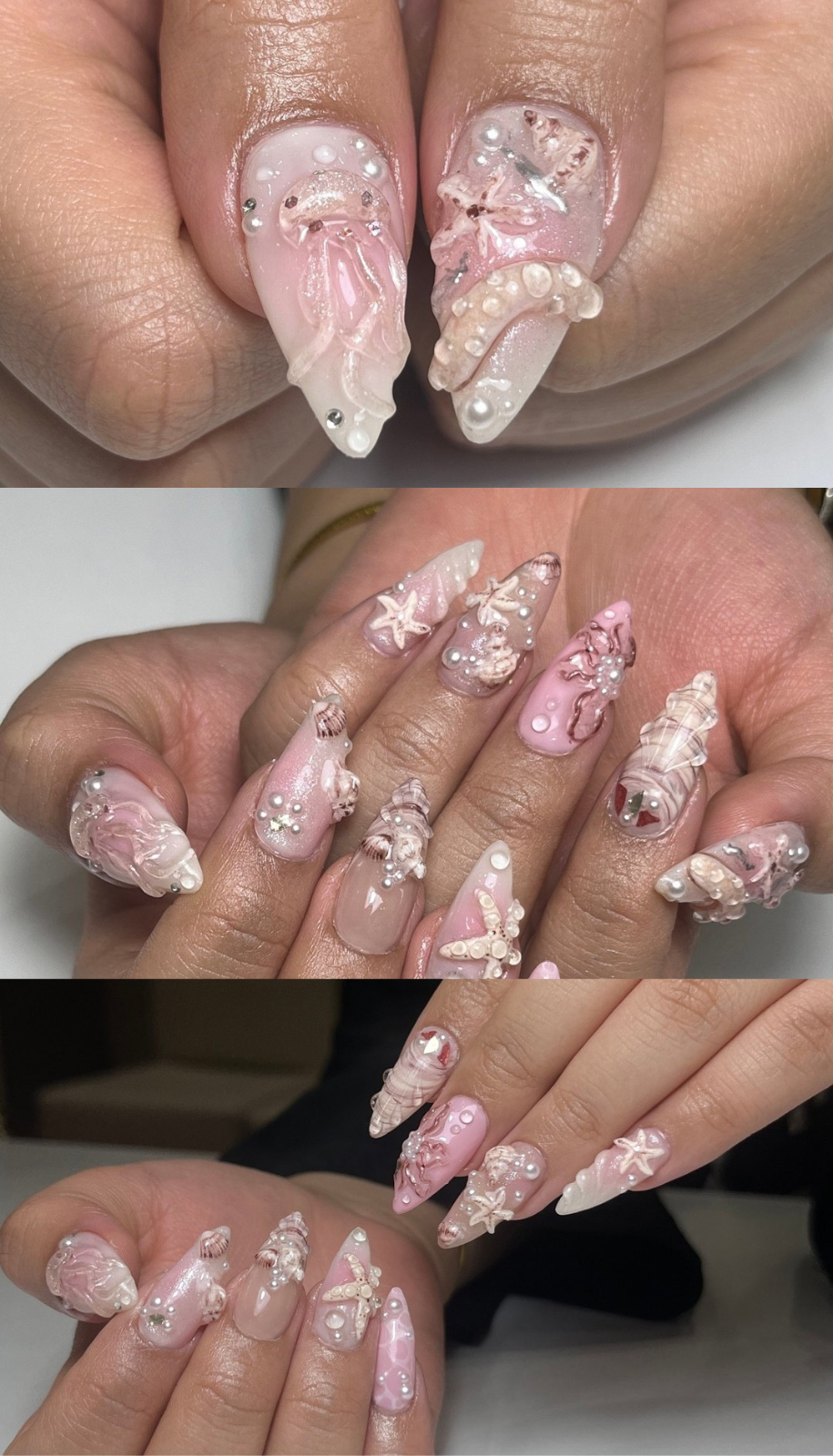Riri Nails Oman 3D nail art design collage featuring pink seashell, starfish, and pearl designs with ocean-inspired detailing for an elegant beach theme look