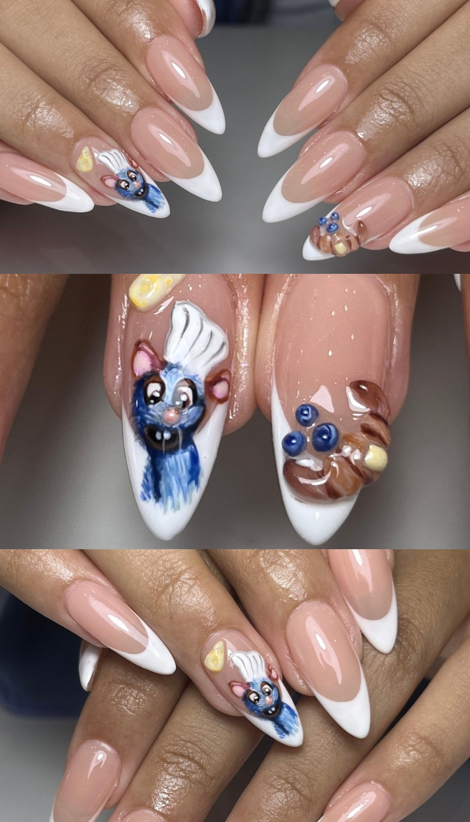Riri Nails Oman creative French nail art design collage featuring a Ratatouille chef-inspired design with 3D food elements, glossy nude base, and white stiletto tips