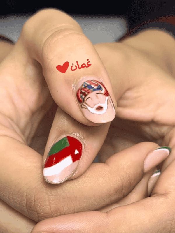 Riri Nails Oman Gel nail art on natural nails with patriotic Oman flag and Sultan face