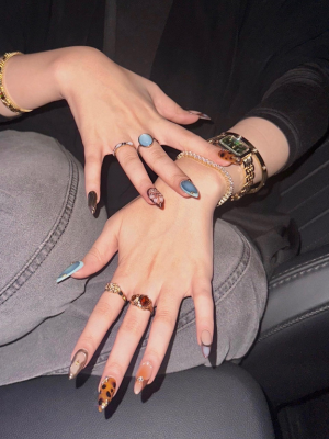 Luxury blue and brown GelX extension nail art 3d design by Riri Nails in Muscat Oman